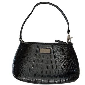 Brahmin Small Black/ Silver Croc Embossed Patent Leather Zip Shoulder Bag